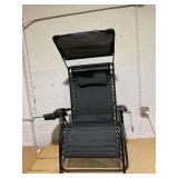 Sumyeg Folding Recliner Lounge Chair with Shade Canopy Cup Holder Black Steel Frame Stationary Chaise Lounge Chair with Black Sling Seat