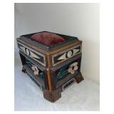 Antique Folk Art Wooden Sewing Box with Pincushion and Floral Detail