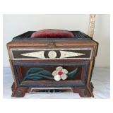 Antique Folk Art Wooden Sewing Box with Pincushion and Floral Detail