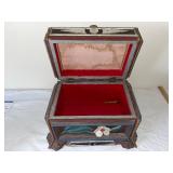 Antique Folk Art Wooden Sewing Box with Pincushion and Floral Detail
