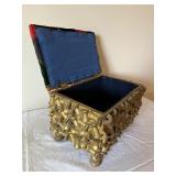 Antique Tramp Art Sewing Box with Velvet Patchwork Lid and Spool Accents