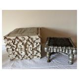 Set of 2 Antique Footstools with Carved Wood Frames and Upholstered Tops