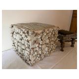 Set of 2 Antique Footstools with Carved Wood Frames and Upholstered Tops