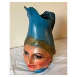 Vintage Lady Head Face Pitcher Blue and Hand-Painted Ceramic Jug