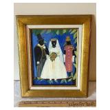 Framed Folk Art Painting of Wedding Party with Gilded Frame