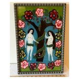 Folk Art Framed Painting of Adam and Eve with Serpent 17x13 Inches