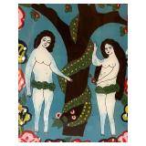 Folk Art Framed Painting of Adam and Eve with Serpent 17x13 Inches