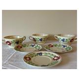 Vintage Woods Ware England Hand Painted Cream Soup Bowls and Saucers Set