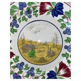 Antique Hand Painted Plate with Rabbits and Floral Border