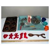 Vintage Kitchenware Lot with Muffin Pan, Cookie Cutters, Mixing Bowls, and Utensils
