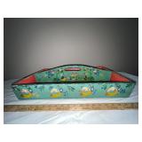 Hand Painted Folk Art Wooden Tote Tray with Decorative Handles