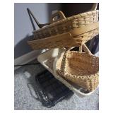 Collection of Woven Baskets and Wooden Holder