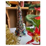 Holiday Decorative Set: Poinsettia Arrangement, Beaded & Tinsel Trees