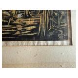 Antique Framed Print of Girl in Garden Block Art Signed