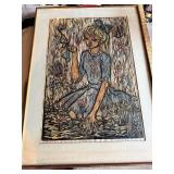 Antique Framed Print of Girl in Garden Block Art Signed