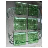 Set of 6 Vintage Green Square Glass Plates with Grape and Leaf Design