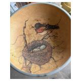 Vintage Retro Hand Painted Tole Wooden Decorative Bowl, Chick Sculpture, and Wooden Pull Along Bunny Cart Toy