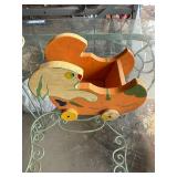 Vintage Retro Hand Painted Tole Wooden Decorative Bowl, Chick Sculpture, and Wooden Pull Along Bunny Cart Toy