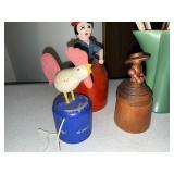 Vintage Green Red Wing Vase, Wooden Figurines and Decorative Knitting Needles Collection