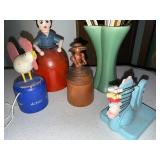 Vintage Green Red Wing Vase, Wooden Figurines and Decorative Knitting Needles Collection