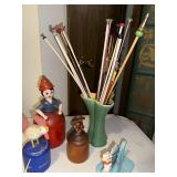 Vintage Green Red Wing Vase, Wooden Figurines and Decorative Knitting Needles Collection
