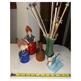 Vintage Green Red Wing Vase, Wooden Figurines and Decorative Knitting Needles Collection