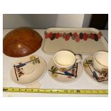Vintage Red Wing Hand-Painted Pottery Cups Saucers Tray & Wooden Bowl Set
