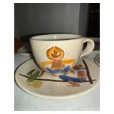 Vintage Red Wing Hand-Painted Pottery Cups Saucers Tray & Wooden Bowl Set