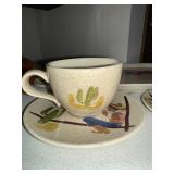 Vintage Red Wing Hand-Painted Pottery Cups Saucers Tray & Wooden Bowl Set