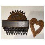 Vintage Folk Art and Tramp Art Hand Carved Wooden Pieces with Geometric and Heart Designs
