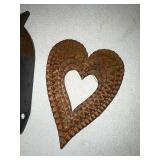 Vintage Folk Art and Tramp Art Hand Carved Wooden Pieces with Geometric and Heart Designs