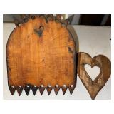 Vintage Folk Art and Tramp Art Hand Carved Wooden Pieces with Geometric and Heart Designs