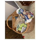 Wicker Basket with Assorted Needlework and Embroidery Supplies