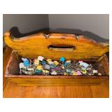 Vintage Wooden Caddy with Assorted Colorful Safety Baby Pins