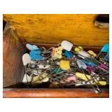 Vintage Wooden Caddy with Assorted Colorful Safety Baby Pins