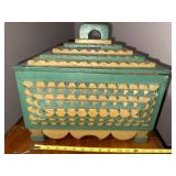 Handcrafted Vintage Tramp Art Green and Cream Wooden Box with Pyramid Lid and Geometric Carvings