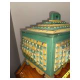 Handcrafted Vintage Tramp Art Green and Cream Wooden Box with Pyramid Lid and Geometric Carvings