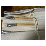 Vintage Wooden Tray with Art Brushes and Collectibles