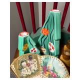 Vintage Holiday Decor Lot: Ceramic Trees, Candle Holders, and Embroidered Linens