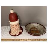 Handcrafted Santa Head Sculpture & Santa Face Bowl Set