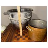 Vintage Metal Mixing Bowl and Brass Pots Set