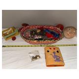 Vintage Collectibles Lot: Basket, Toys, and Bridge Set