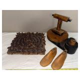 Vintage Wooden Cobbler Shoe Molds, Textile Spool Block & Tool Set