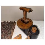 Vintage Wooden Cobbler Shoe Molds, Textile Spool Block & Tool Set