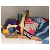 Vintage Craft Lot with Wicker Basket, Wooden Toy Train, and Supplies