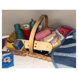 Vintage Craft Lot with Wicker Basket, Wooden Toy Train, and Supplies