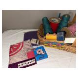 Vintage Craft Lot with Wicker Basket, Wooden Toy Train, and Supplies