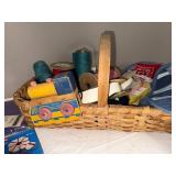 Vintage Craft Lot with Wicker Basket, Wooden Toy Train, and Supplies