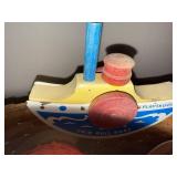 Vintage Craft Lot with Wicker Basket, Wooden Toy Train, and Supplies