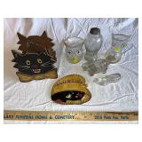 Vintage Glass and Wood Decorative Lot - Owls, Cat Holder, Alligator, Shoe